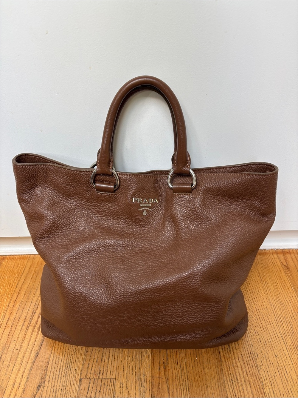 Prada Brown Pebbled Leather Tote with Double Top Handles